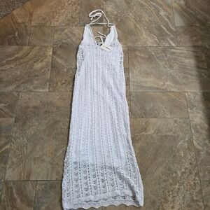 Sister Party White Crochet Lace Maxi Dress Cover Up Halter Neck Tie Back Size M